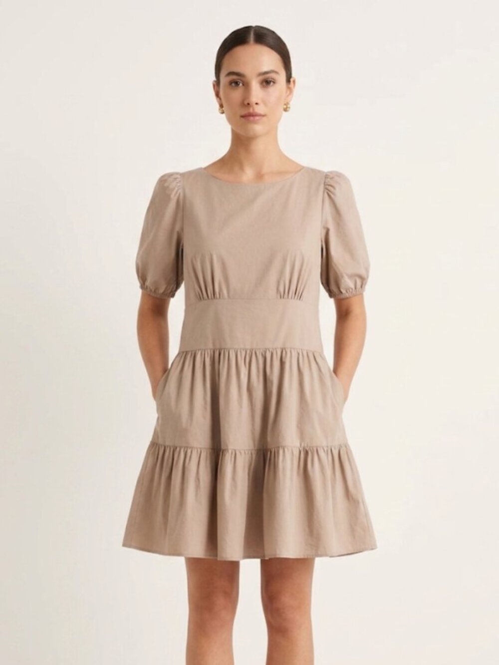 Tart Taupe Tiered Puff Sleeve Mini Dress Neutral Cottagecore Boho Size S
